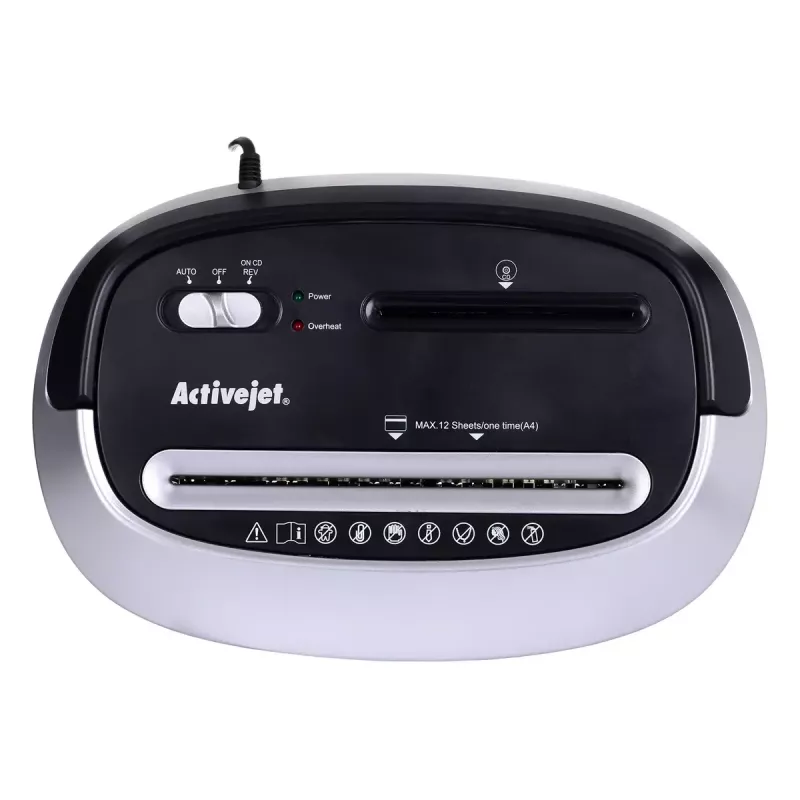 Popieriaus smulkintuvas ActiveJet ASH-1201D, juostinis pjovimas 5×38 mm, 22 cm įvadas, 12 lapų talpa, 25 L krepšelis, P-3, juodas
