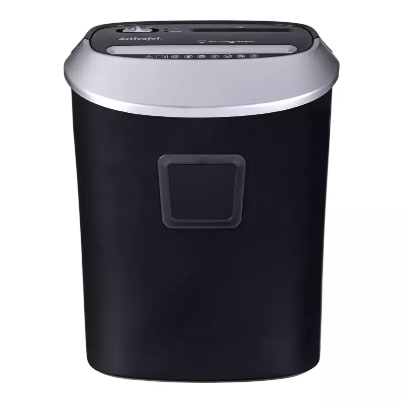 Popieriaus smulkintuvas ActiveJet ASH-1201D, juostinis pjovimas 5×38 mm, 22 cm įvadas, 12 lapų talpa, 25 L krepšelis, P-3, juodas