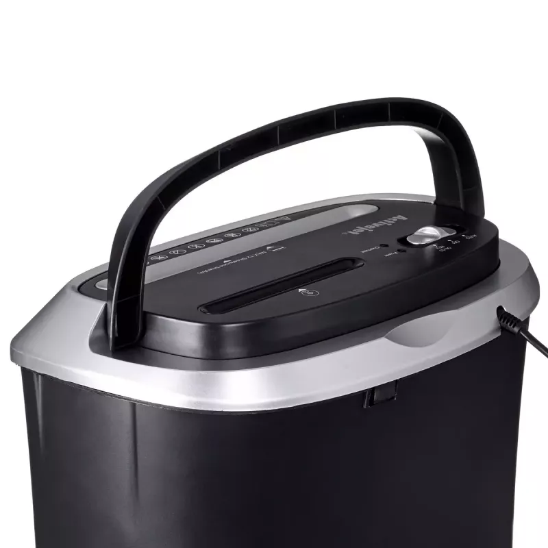 Popieriaus smulkintuvas ActiveJet ASH-1201D, juostinis pjovimas 5×38 mm, 22 cm įvadas, 12 lapų talpa, 25 L krepšelis, P-3, juodas