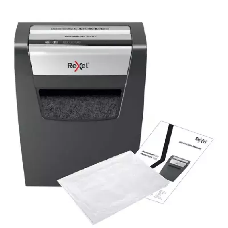 Popieriaus smulkintuvas REXEL Momentum X410 — smulkinimas dalelėmis P-4, 4 x 28 mm, 10 lapų talpa, 23 L krepšelis, apsauga nuo užstrigimo