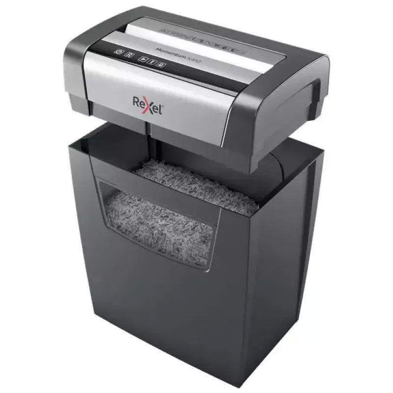 Popieriaus smulkintuvas REXEL Momentum X410 — smulkinimas dalelėmis P-4, 4 x 28 mm, 10 lapų talpa, 23 L krepšelis, apsauga nuo užstrigimo