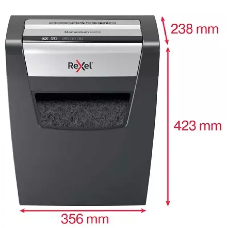 Popieriaus smulkintuvas REXEL Momentum X410 — smulkinimas dalelėmis P-4, 4 x 28 mm, 10 lapų talpa, 23 L krepšelis, apsauga nuo užstrigimo