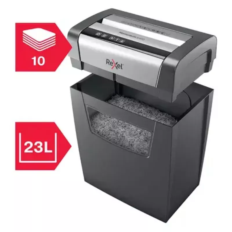 Popieriaus smulkintuvas REXEL Momentum X410 — smulkinimas dalelėmis P-4, 4 x 28 mm, 10 lapų talpa, 23 L krepšelis, apsauga nuo užstrigimo