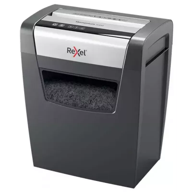 Popieriaus smulkintuvas REXEL Momentum X410 — smulkinimas dalelėmis P-4, 4 x 28 mm, 10 lapų talpa, 23 L krepšelis, apsauga nuo užstrigimo