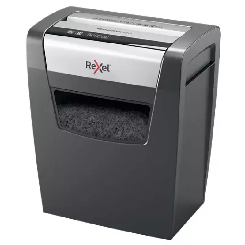 Popieriaus smulkintuvas REXEL Momentum X312 — dalelių pjovimas P-3, 12 lapų talpa, 23 L krepšelis, 5 x 42 mm