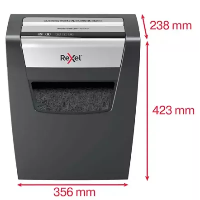Popieriaus smulkintuvas REXEL Momentum X312 — dalelių pjovimas P-3, 12 lapų talpa, 23 L krepšelis, 5 x 42 mm