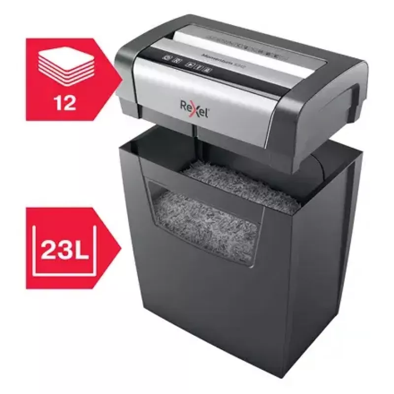 Popieriaus smulkintuvas REXEL Momentum X312 — dalelių pjovimas P-3, 12 lapų talpa, 23 L krepšelis, 5 x 42 mm