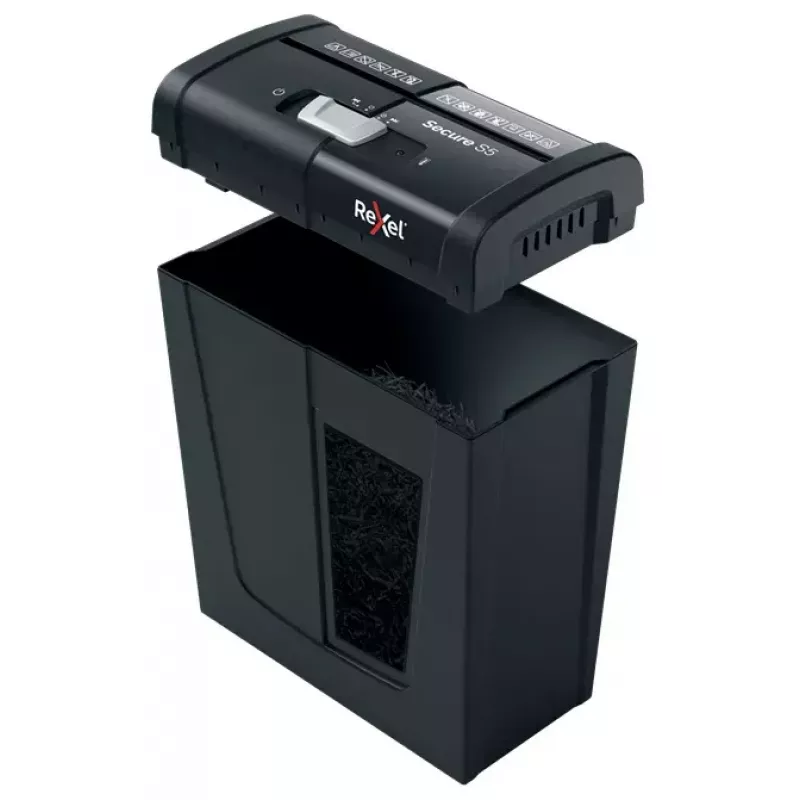 Popieriaus smulkintuvas REXEL Secure S5 – juostinis smulkintuvas, 5 lapų talpa, 6 mm pjūvis, 10 L krepšelis, P-2 saugumas, juodas