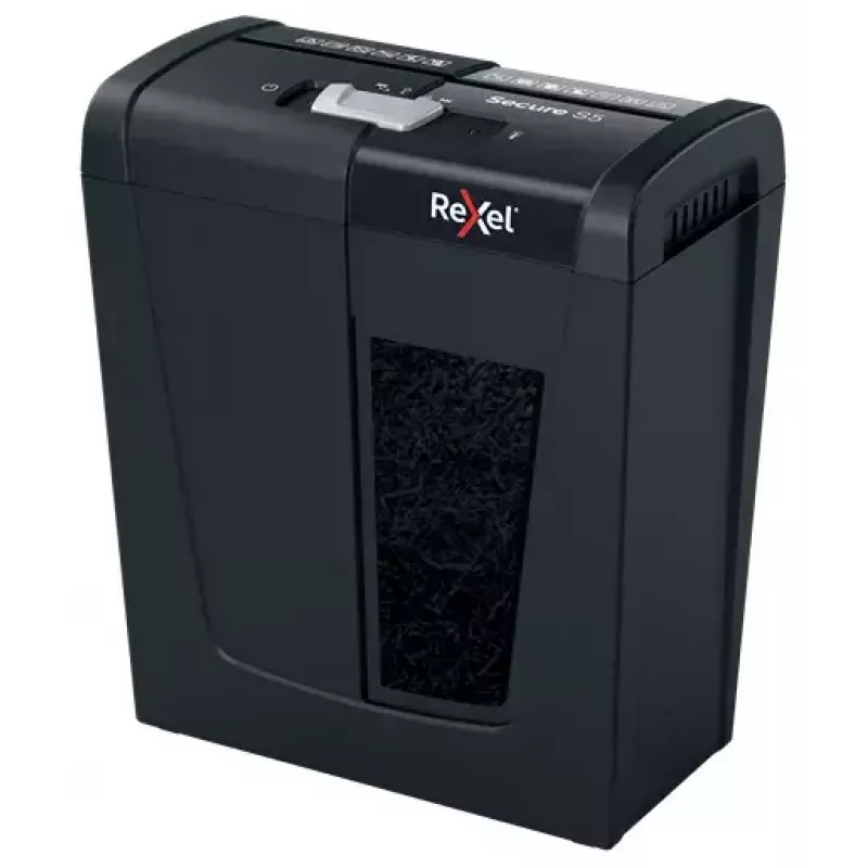 Popieriaus smulkintuvas REXEL Secure S5 – juostinis smulkintuvas, 5 lapų talpa, 6 mm pjūvis, 10 L krepšelis, P-2 saugumas, juodas