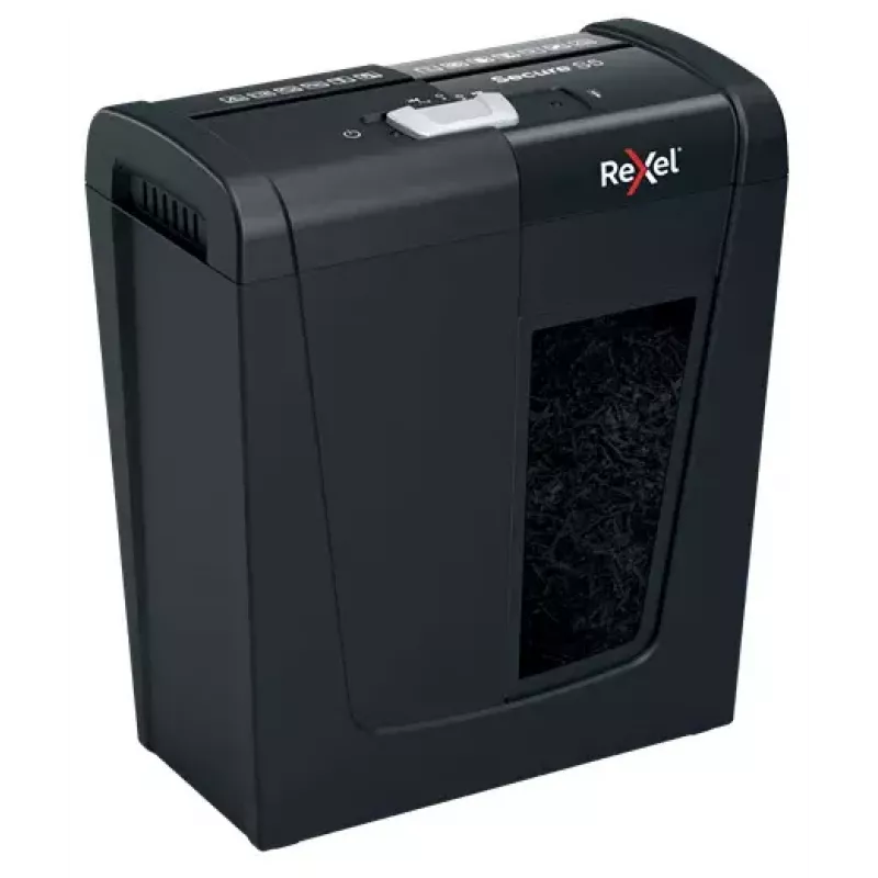 Popieriaus smulkintuvas REXEL Secure S5 – juostinis smulkintuvas, 5 lapų talpa, 6 mm pjūvis, 10 L krepšelis, P-2 saugumas, juodas