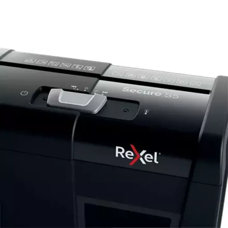 Popieriaus smulkintuvas REXEL Secure S5 – juostinis smulkintuvas, 5 lapų talpa, 6 mm pjūvis, 10 L krepšelis, P-2 saugumas, juodas