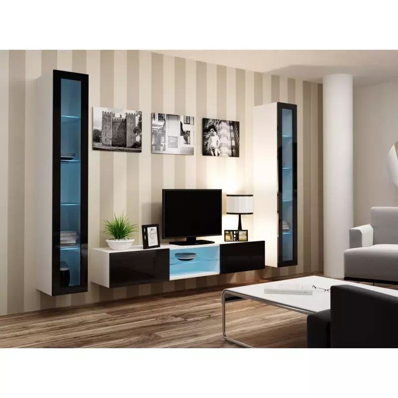 Sieninis vitrininis spintelė Cama Meble VIGO 180 1800×400×300 mm balta/juoda blizgi