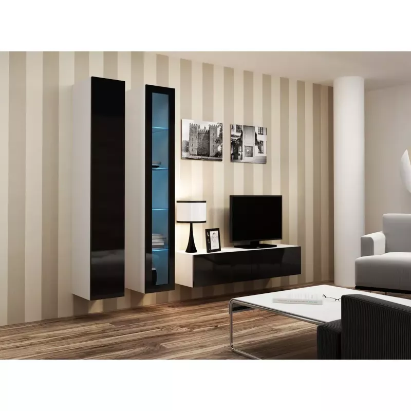 Sieninis vitrininis spintelė Cama Meble VIGO 180 1800×400×300 mm balta/juoda blizgi