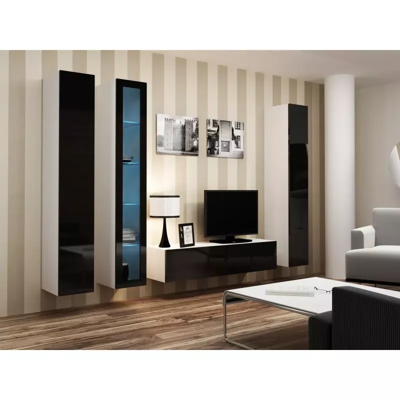 Sieninis vitrininis spintelė Cama Meble VIGO 180 1800×400×300 mm balta/juoda blizgi