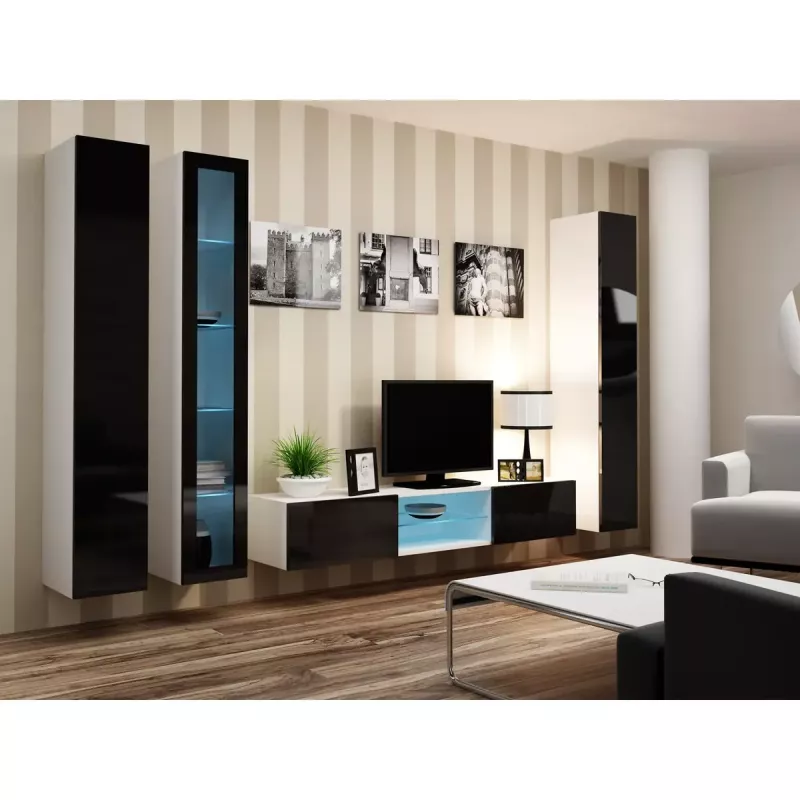 Sieninis vitrininis spintelė Cama Meble VIGO 180 1800×400×300 mm balta/juoda blizgi