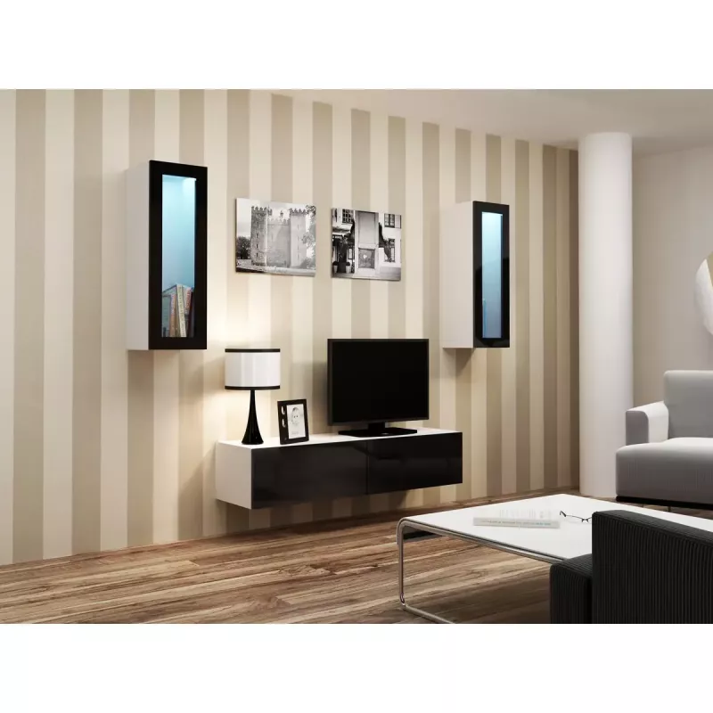 Sieninė vitrina cama meble VIGO 90 — stiklinė spintelė 90×350×320 mm balta/juoda blizgi