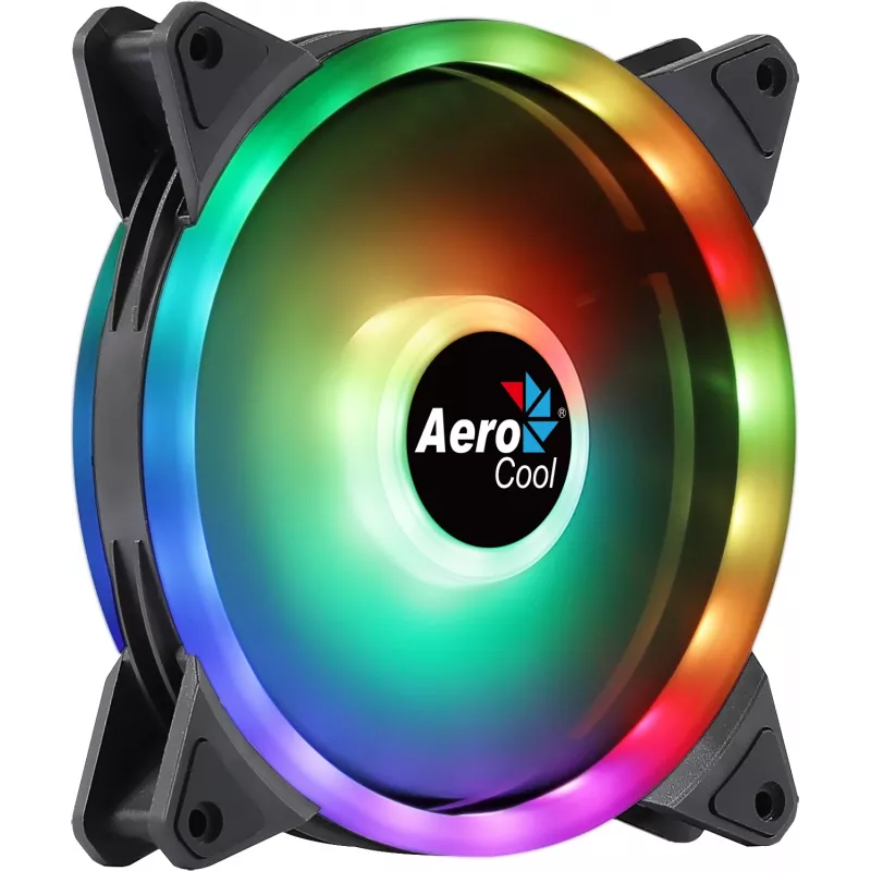 Aerocool DUO14 140 mm kompiuterio ventiliatorius su ARGB LED dvigubu žiedu, antivibracinėmis pagalvėlėmis, 6 kontaktų, juodas
