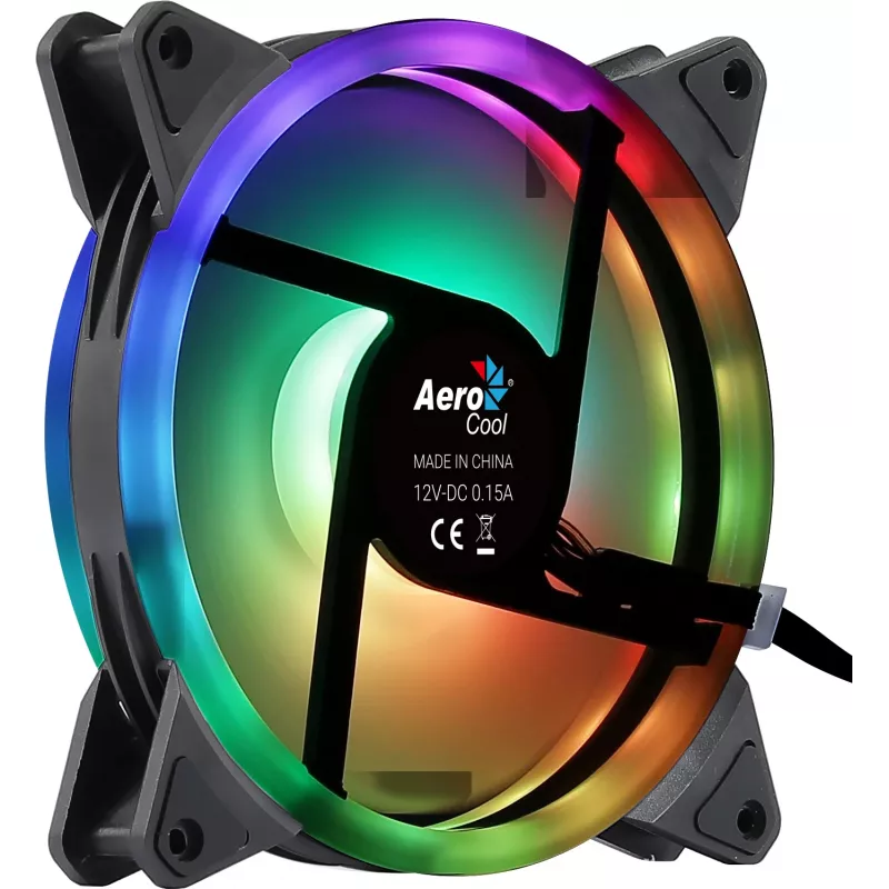 Aerocool DUO14 140 mm kompiuterio ventiliatorius su ARGB LED dvigubu žiedu, antivibracinėmis pagalvėlėmis, 6 kontaktų, juodas