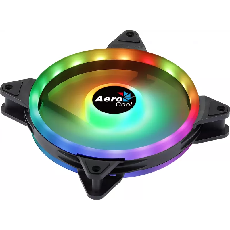 Aerocool DUO14 140 mm kompiuterio ventiliatorius su ARGB LED dvigubu žiedu, antivibracinėmis pagalvėlėmis, 6 kontaktų, juodas