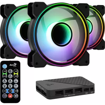 Aerocool MIRAGE12PRO rinkinys 3x ventiliatorius 12cm ARGB 6 kontaktų Hub tylus juodas