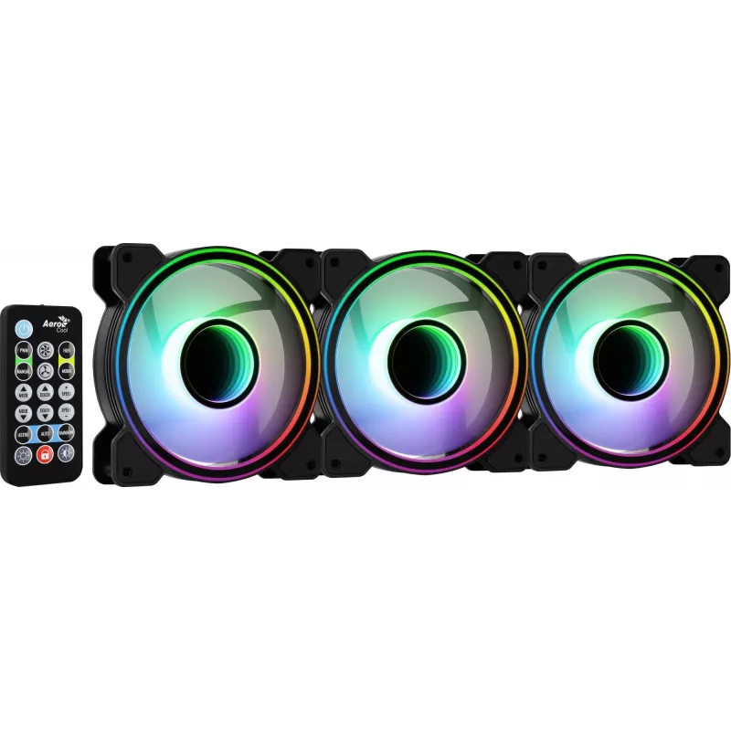 Aerocool MIRAGE12PRO rinkinys 3x ventiliatorius 12cm ARGB 6 kontaktų Hub tylus juodas