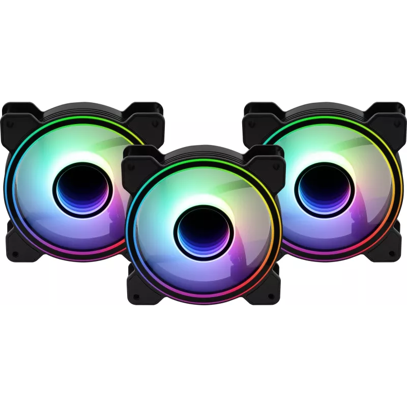 Aerocool MIRAGE12PRO rinkinys 3x ventiliatorius 12cm ARGB 6 kontaktų Hub tylus juodas