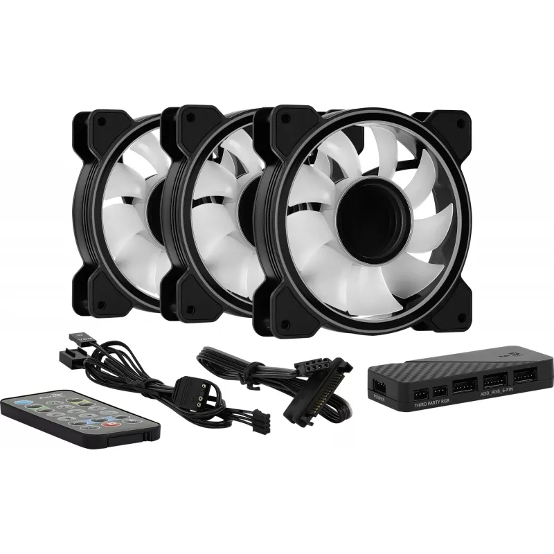 Aerocool MIRAGE12PRO rinkinys 3x ventiliatorius 12cm ARGB 6 kontaktų Hub tylus juodas
