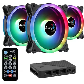 Aerocool DUO12PRO rinkinys 3x ventiliatorius 12 cm ARGB LED Dvigubas žiedas Antivibraciniai 6 kontaktai Juoda