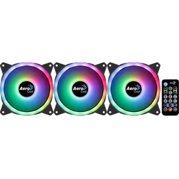 Aerocool DUO12PRO rinkinys 3x ventiliatorius 12 cm ARGB LED Dvigubas žiedas Antivibraciniai 6 kontaktai Juoda