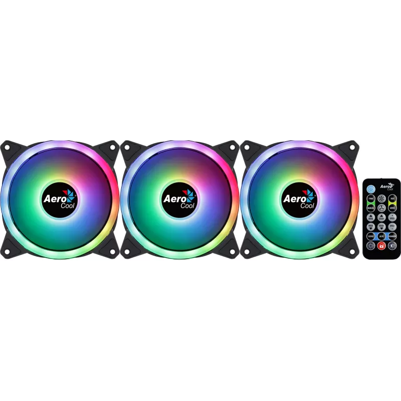 Aerocool DUO12PRO rinkinys 3x ventiliatorius 12 cm ARGB LED Dvigubas žiedas Antivibraciniai 6 kontaktai Juoda
