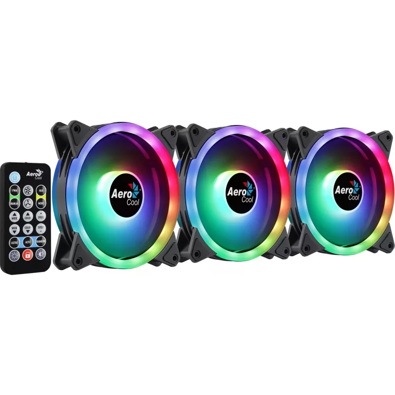 Aerocool DUO12PRO rinkinys 3x ventiliatorius 12 cm ARGB LED Dvigubas žiedas Antivibraciniai 6 kontaktai Juoda