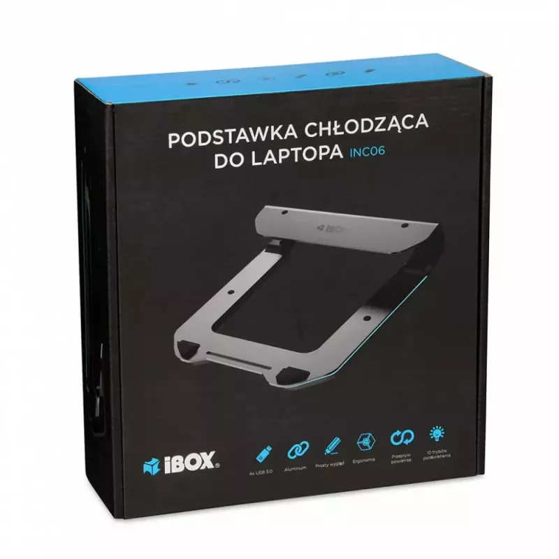 Aušinimo stovas nešiojamam kompiuteriui IBOX NC06 iki 17,3 col. – aliuminis, reguliuojamas aukštis, 4 USB prievadai, tylūs ventiliatoriai