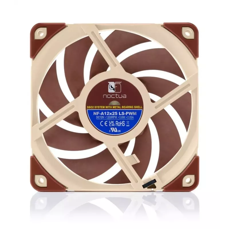 Ventiliatorius Noctua NF-A12x25 LS-PWM, 120×25 mm, 12 V 0,6 W, 4 kontaktų PWM, 450–1200 RPM, 55,7 m³/h, SSO guolis, 0,5 m laidas