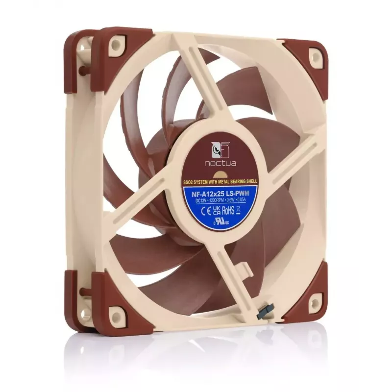 Ventiliatorius Noctua NF-A12x25 LS-PWM, 120×25 mm, 12 V 0,6 W, 4 kontaktų PWM, 450–1200 RPM, 55,7 m³/h, SSO guolis, 0,5 m laidas
