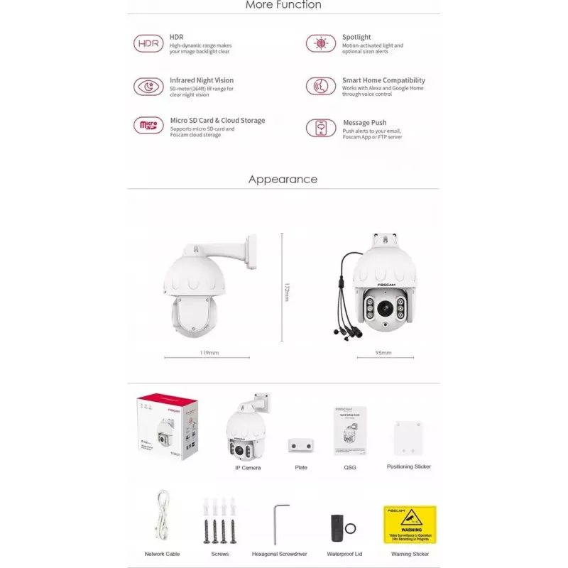 IP PTZ apsaugos kamera Foscam SD8EP – 8 MP, 4x optinis priartinimas, 6x skaitmeninis, 355° pasukimas, 90° pakreipimas, IP66, lauko, balta