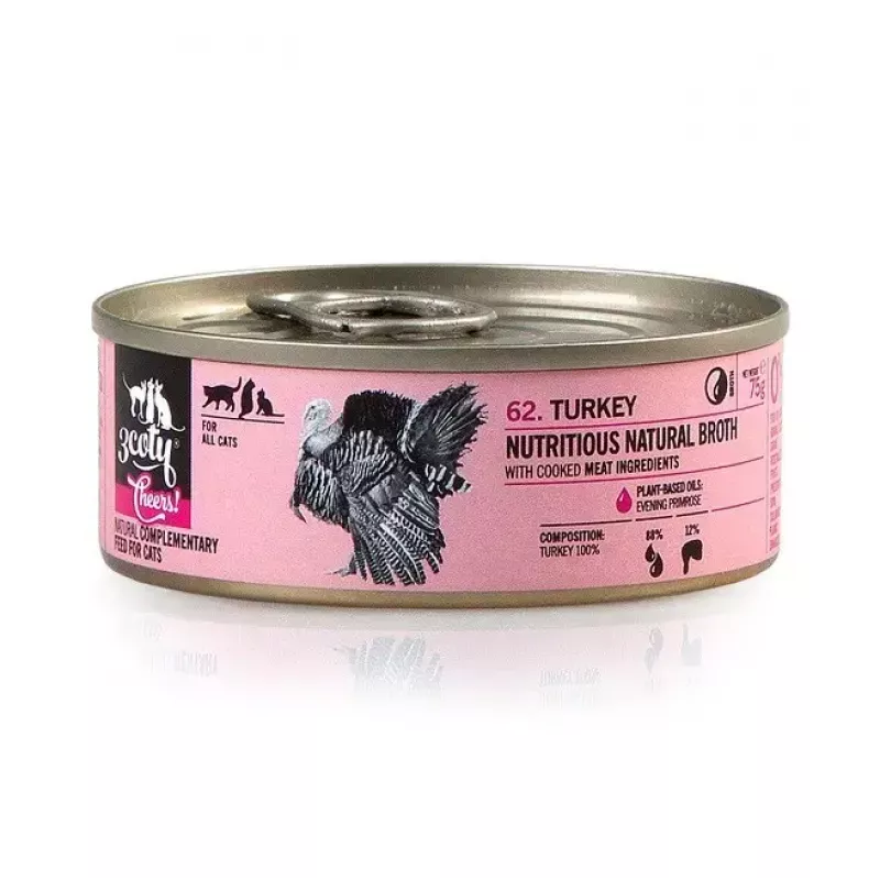 Šlapias ėdalas katėms 3coty Turkey Cheers 75 g – suaugusioms katėms, papildomas pašaras vienkartinėje pakuotėje, 80% drėgmės, 6% baltymų