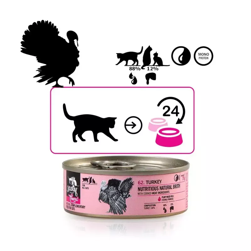 Šlapias ėdalas katėms 3coty Turkey Cheers 75 g – suaugusioms katėms, papildomas pašaras vienkartinėje pakuotėje, 80% drėgmės, 6% baltymų