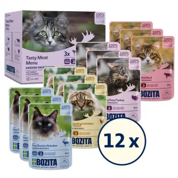 Šlapias kačių ėdalas BOZITA 85 g paketėlis — Jautiena, Vištiena, Elniena, Kalakutiena, be grūdų, suaugusioms katėms, 12×85 g pakuotė