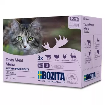 Šlapias kačių ėdalas BOZITA 85 g paketėlis — Jautiena, Vištiena, Elniena, Kalakutiena, be grūdų, suaugusioms katėms, 12×85 g pakuotė