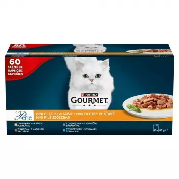 Šlapias kačių ėdalas Purina Nestlé GOURMET Perle Mini filė padaže, maišeliai 60 x 85 g, suaugusioms katėms, 80% drėgmės