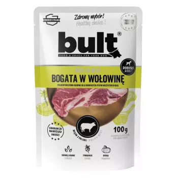 Šlapias šunų ėdalas BULT Rich in beef 100 g – pilnavertis konservuotas maistas suaugusiems, 11% baltymų, 6,5% riebalų, 78% drėgmės