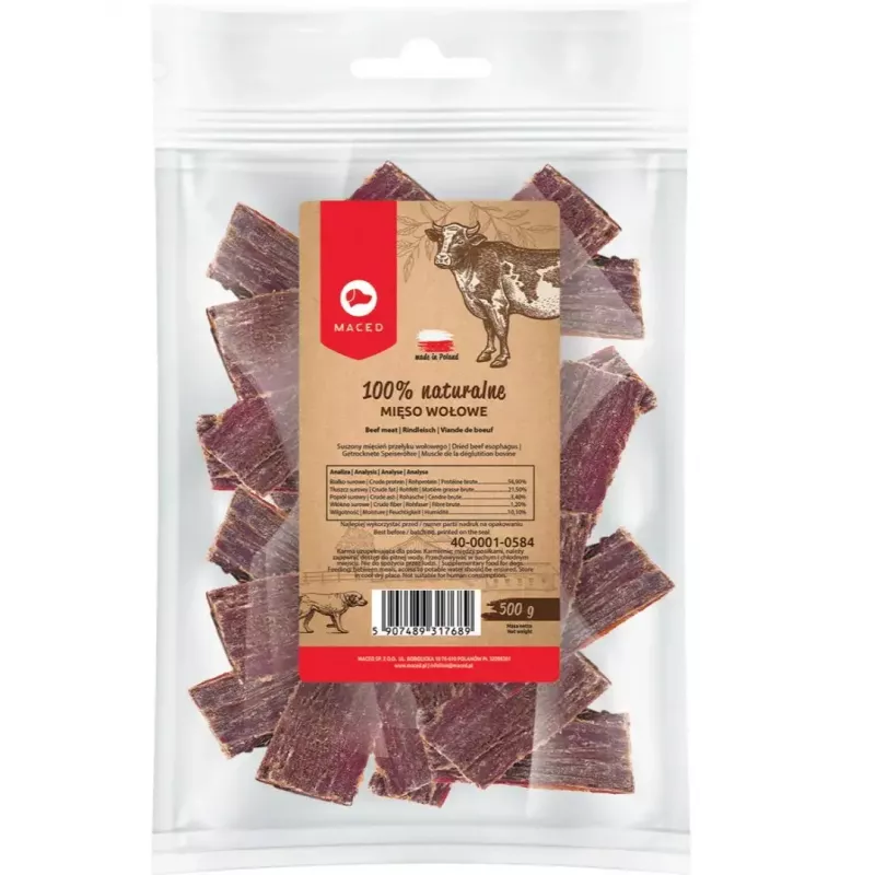 Šlapias šunų ėdalas MACED Beef 100% Nature, 500 g — suaugusiems šunims, baltymai 56,9%, riebalai 21,5%, drėgmė 10,1%