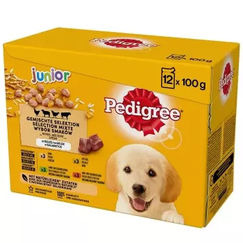 Šlapias šunų ėdalas Pedigree Junior Selection Mix 12×100g – šuniukų ėdalas, 12 pakelių (100 g), drėgmė 80,5%, baltymai 8,5%, riebalai 6%