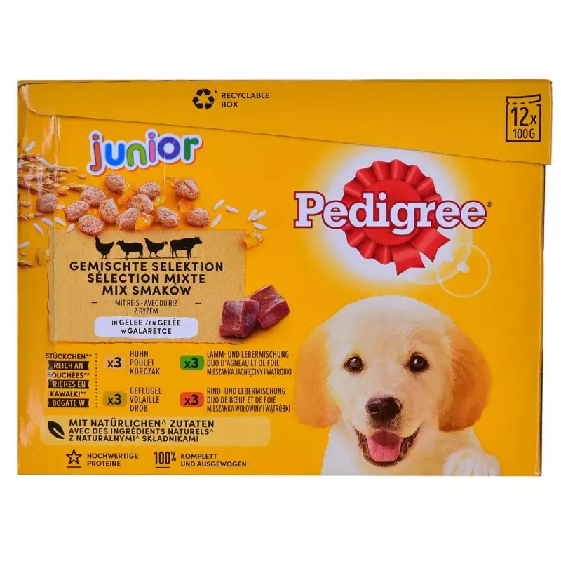 Šlapias šunų ėdalas Pedigree Junior Selection Mix 12×100g – šuniukų ėdalas, 12 pakelių (100 g), drėgmė 80,5%, baltymai 8,5%, riebalai 6%