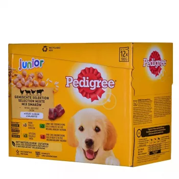Šlapias šunų ėdalas Pedigree Junior Selection Mix 12×100g – šuniukų ėdalas, 12 pakelių (100 g), drėgmė 80,5%, baltymai 8,5%, riebalai 6%