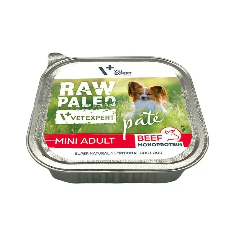 Šlapias šunų ėdalas VETEXPERT RAW PALEO Pate Mini Adult Beef 150 g – pilnavertis konservuotas paštetas suaugusiems mažų veislių šunims