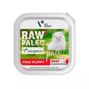 Šlapias šuniukų ėdalas VETEXPERT RAW PALEO Pate Mini Beef – vieno baltymo jautiena 150 g skardinė mažų veislių šuniukams