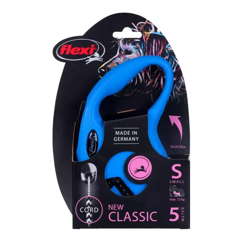 Flexi New Classic S atitraukiamas šuns pavadėlis su virvele, 5 m, vienas pavadėlis, mėlynas, max apkrova 12 kg
