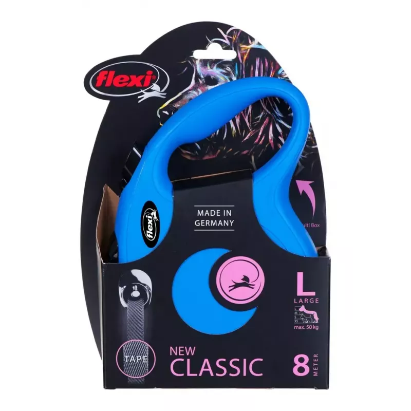 Atitraukiamas pavadėlis Flexi New Classic 8 m — Flexi 8 m virvelinis pavadėlis, mėlynas, L, maks. apkrova 50 kg