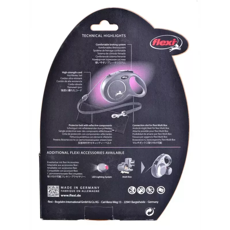 Automatinis pavadėlis Flexi New Classic M, lyninis, vidutinio dydžio, 8 m, maks. apkrova 20 kg, juodas